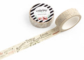 A roll of decorative tape with different French invoice designs on a white background