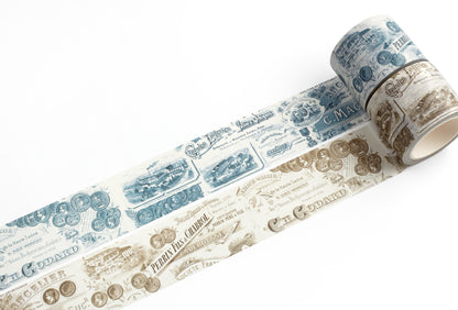 Two rolls of decorative tape with vintage-style French letterhead designs on a white background