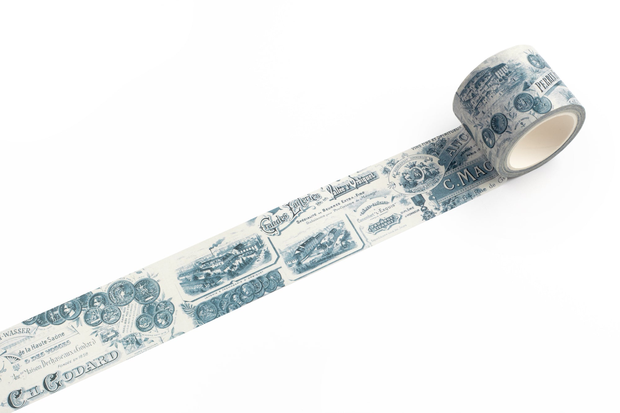 Roll of decorative tape with blue and beige French letterhead design on a white background