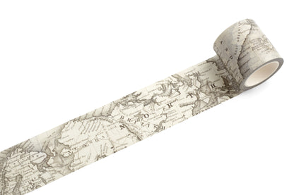 Roll of decorative washi tape with world map design on a white background