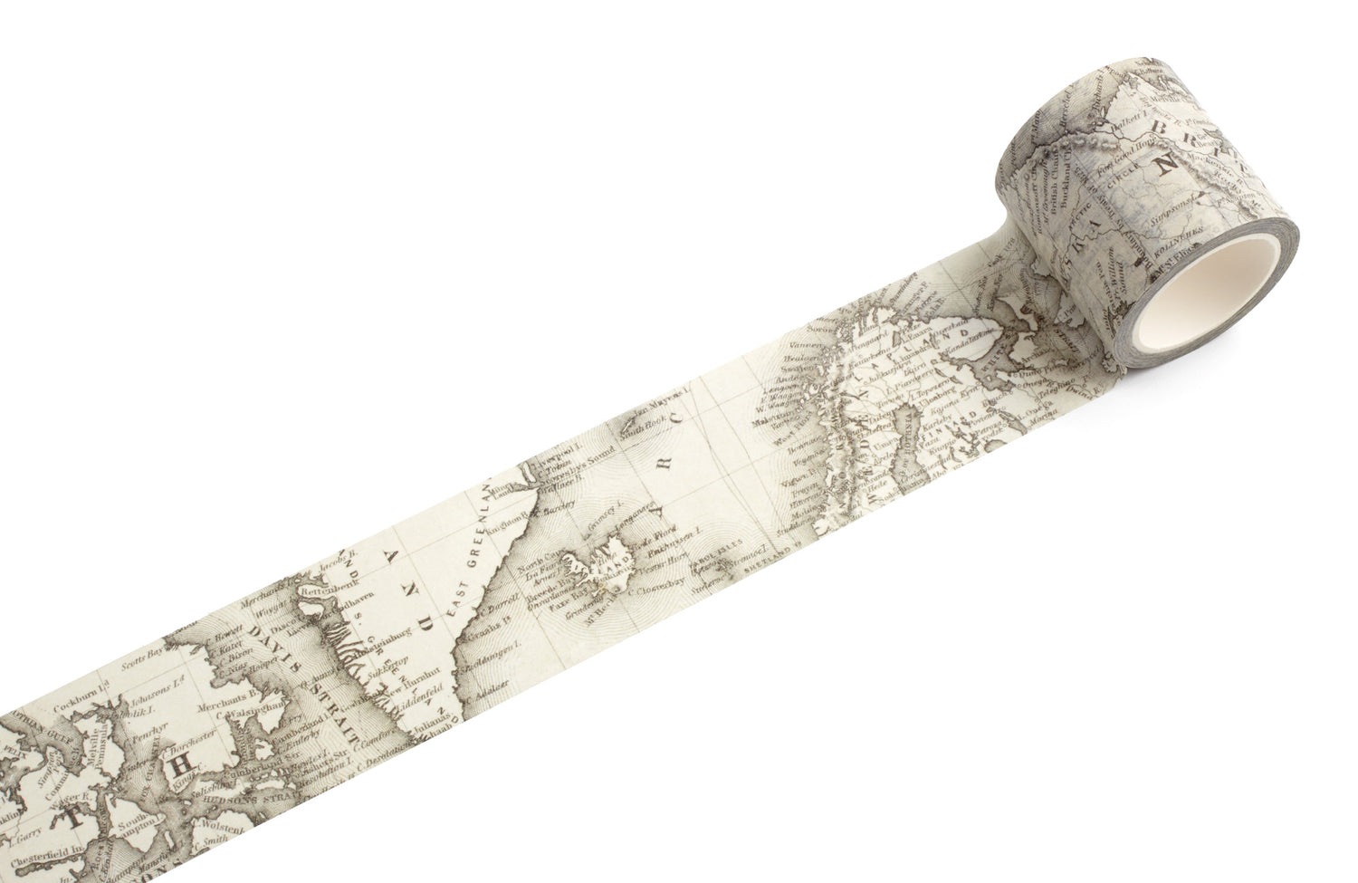 Roll of decorative tape with world map design on a white background