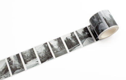 Roll of tape with black and white landscape images from Yosemite on a white background