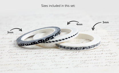 Three rolls of ultra slim washi tape with labeled sizes on a textured surface