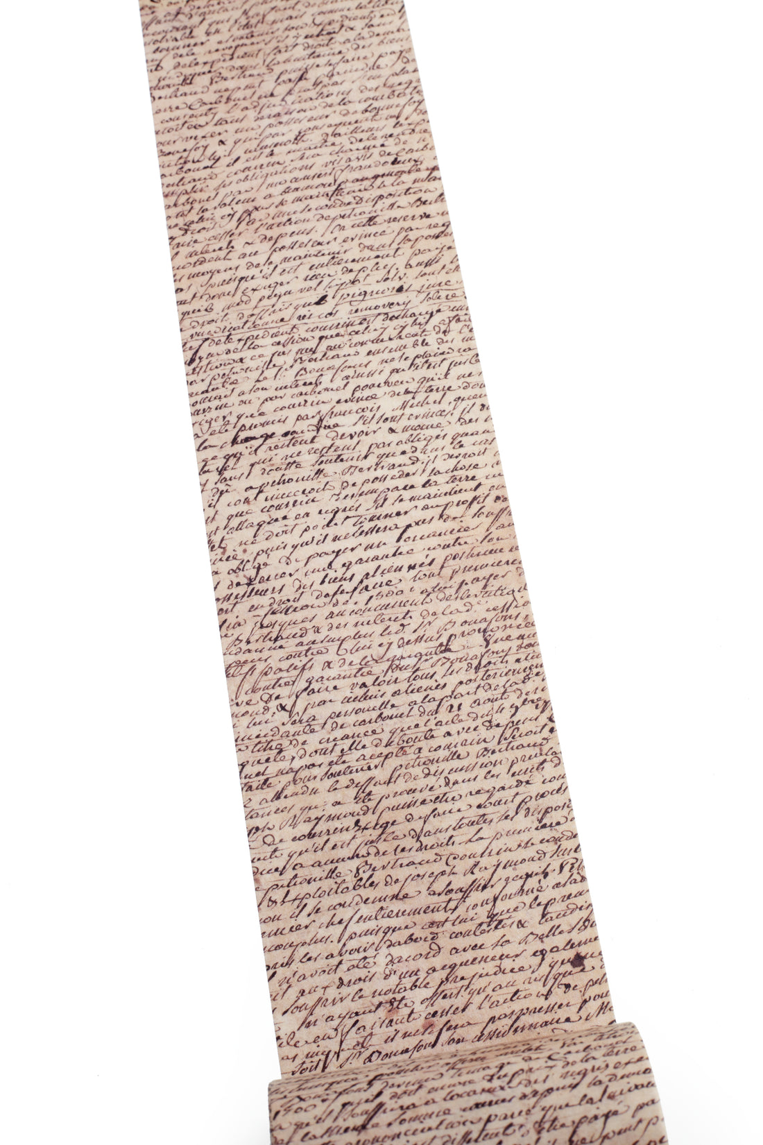 A brown washi tape printed with a dense, cursive script pattern resembling vintage handwriting, shown against a plain white background.