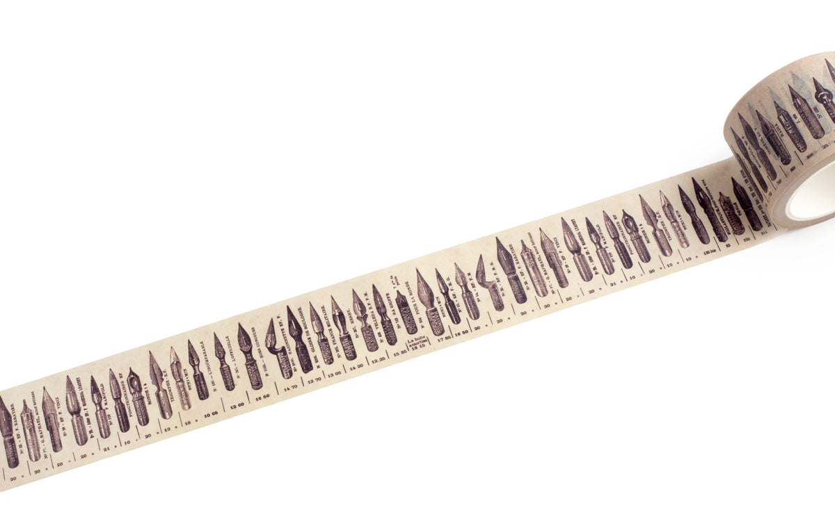 A roll of decorative washi tape featuring a repeating pattern of vintage fountain pen nibs in dark brown on a cream background, shown against a plain white background.