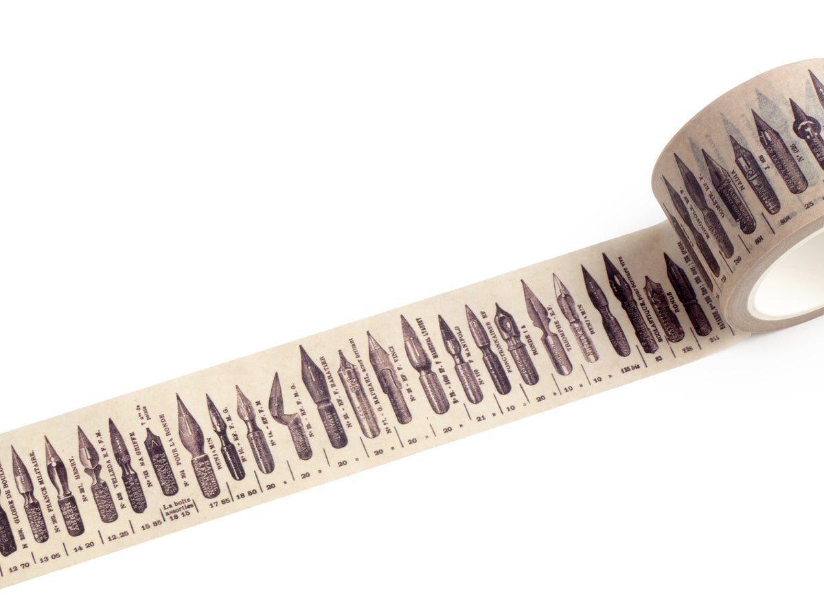 A roll of decorative washi tape featuring vintage illustrations of various fountain pen nibs and models printed in dark brown on a warm cream background, shown against a plain white background.