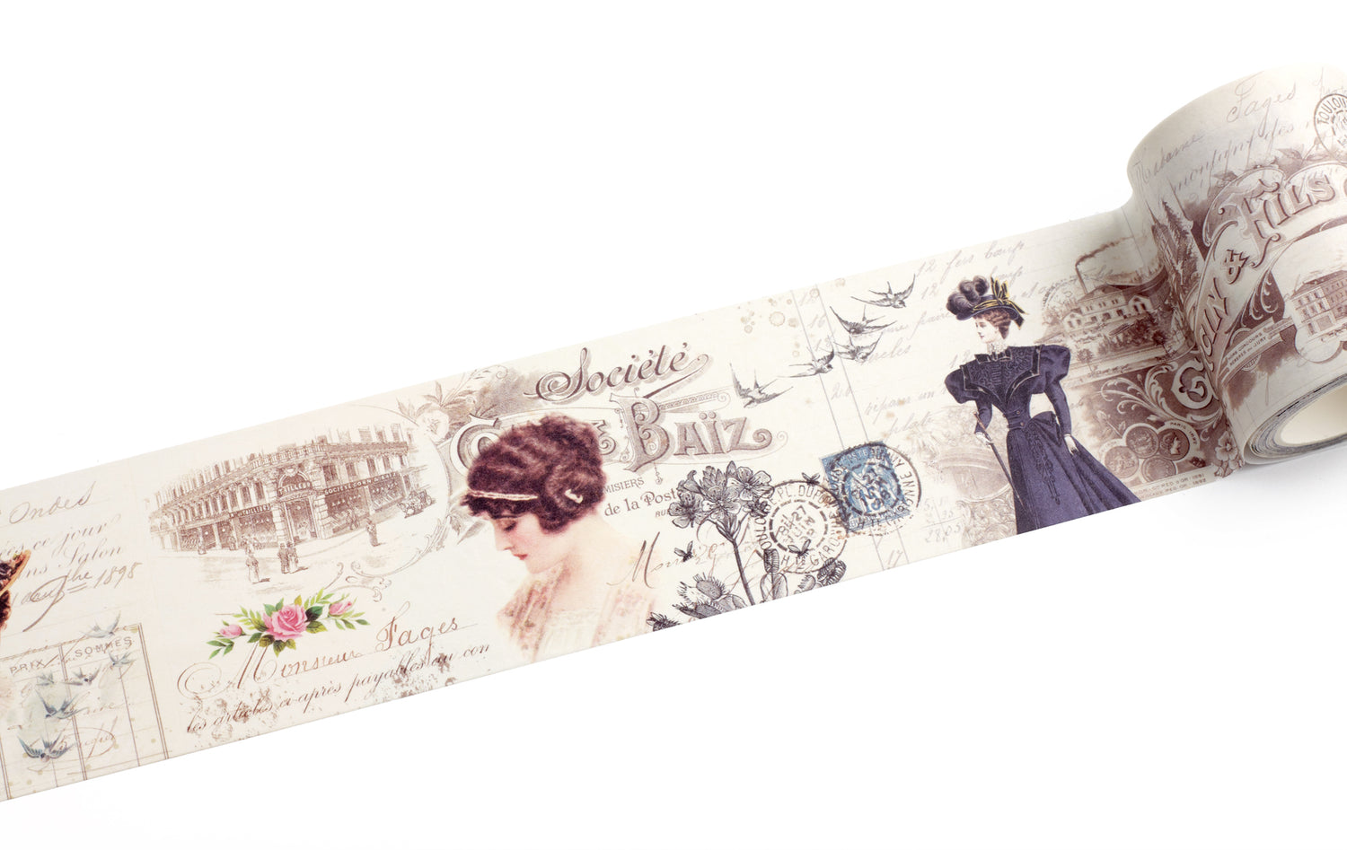 A roll of vintage-style washi tape featuring sepia-toned illustrations of Edwardian women in old dresses, script text, floral accents, and architectural sketches on a white background.