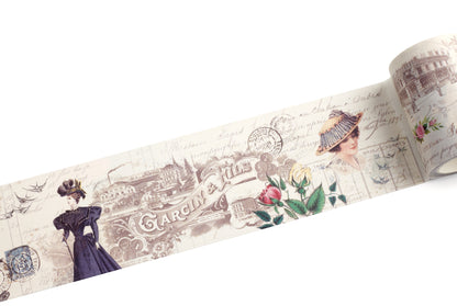 A roll of vintage-style washi tape featuring sepia-toned illustrations of Edwardian women in old dresses, script text, floral accents, and architectural sketches on a white background.