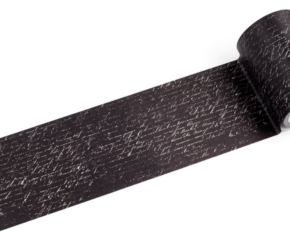 A roll of black tape with a white cursive handwriting, shown partially unrolled on a plain white background.