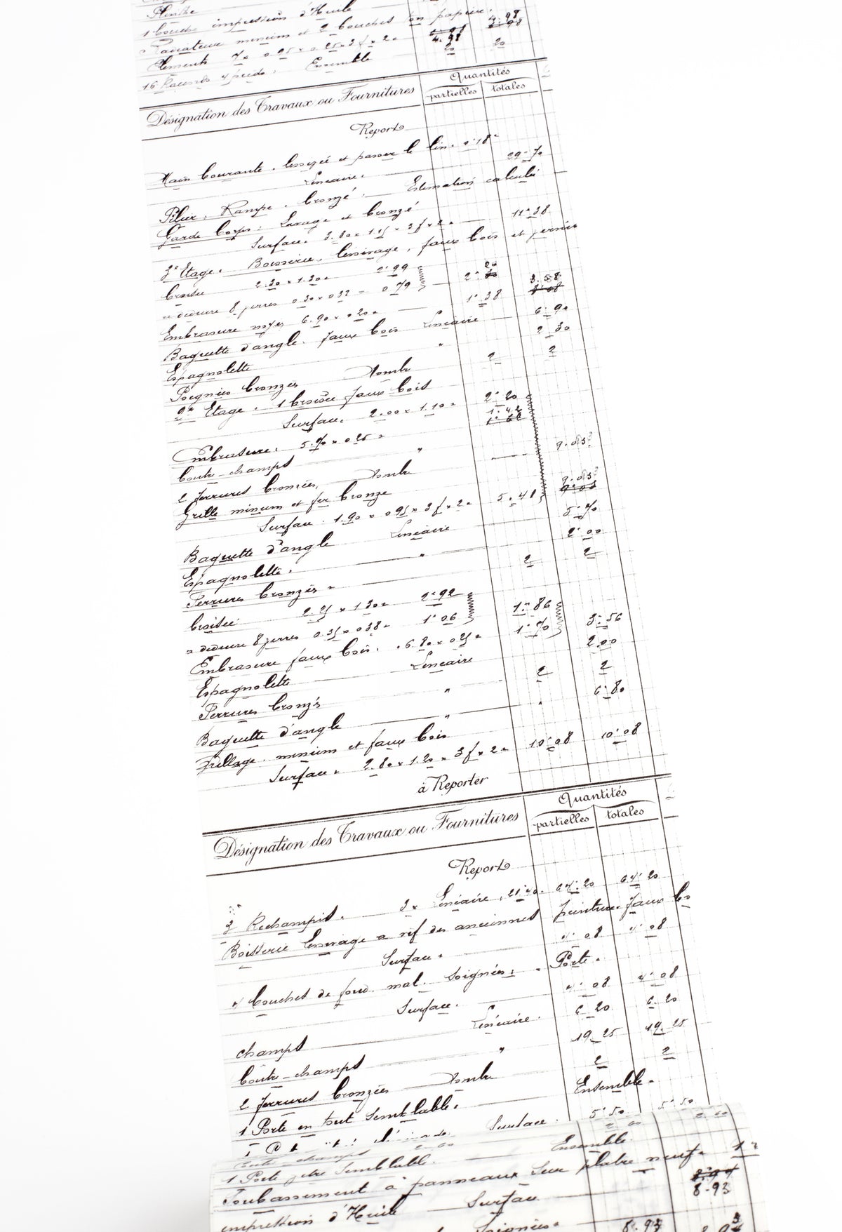 Washi tape with antique handwritten French ledger or inventory sheet with cursive ink writing on white background.