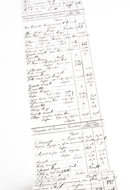 Washi tape with antique handwritten French ledger or inventory sheet with cursive ink writing on white background.