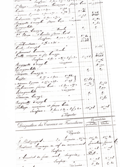 Washi tape with antique handwritten French ledger or inventory sheet with cursive ink writing on white background.