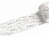 A roll of white adhesive tape printed with elegant black cursive script signatures, shown partially unrolled on a clean white background.