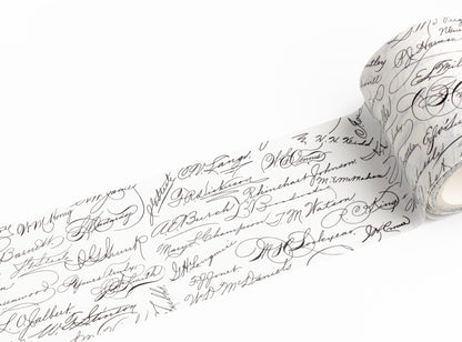 A roll of white adhesive tape printed with elegant black cursive script signatures, shown partially unrolled on a clean white background.