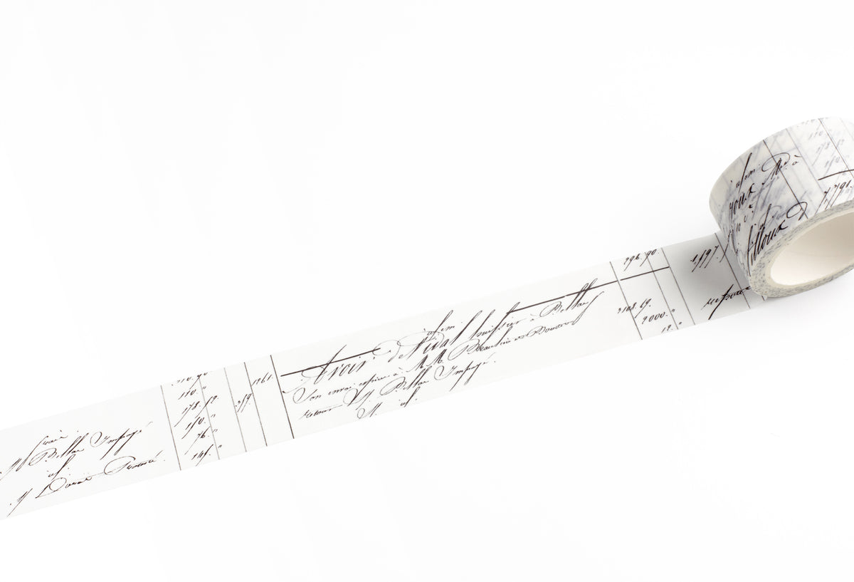 A roll of white washi tape with a black cursive script pattern, shown partially unrolled on a clean white background.