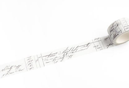 A roll of white washi tape with a black cursive script pattern, shown partially unrolled on a clean white background.
