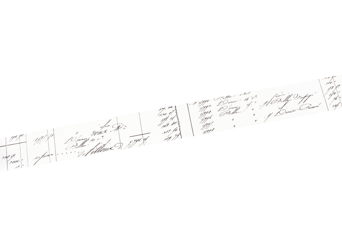 A close-up of washi tape with handwritten black ink text and cursive handwriting, shown diagonally against a plain white background.