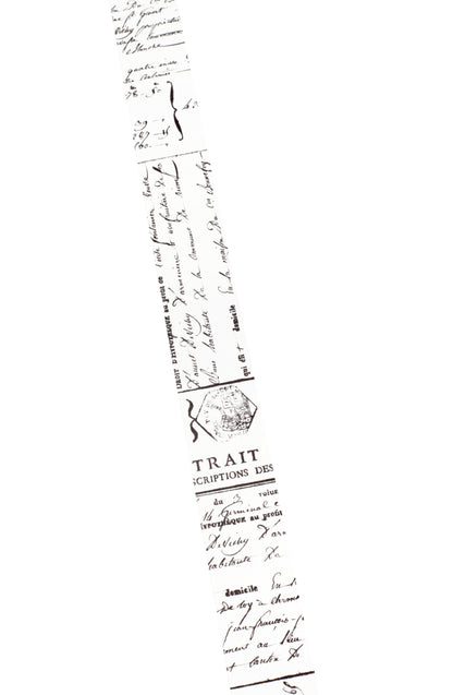 A long, narrow vertical washi tape featuring multiple handwritten French script examples. The design is monochrome, with black ink on a white background.