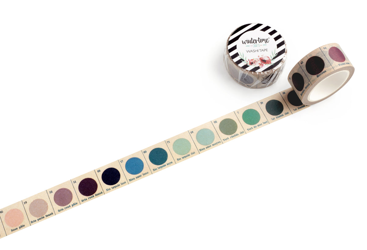 A roll of washi tape with circular color swatches on a clean white background. The tape features multiple pastel and dark color options.