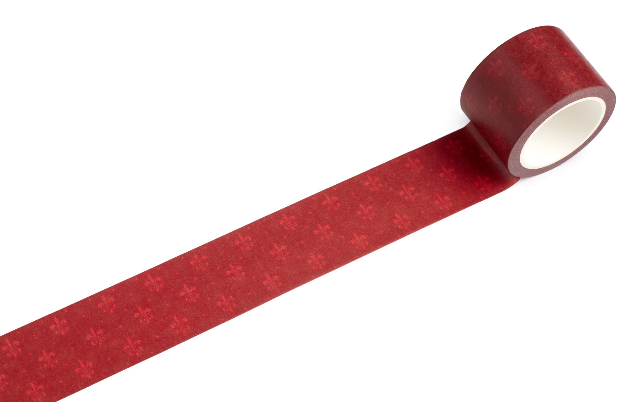 A roll of red decorative washi tape with a subtle repeating pattern of fleur-de-lis, shown partially unrolled on a plain white background.