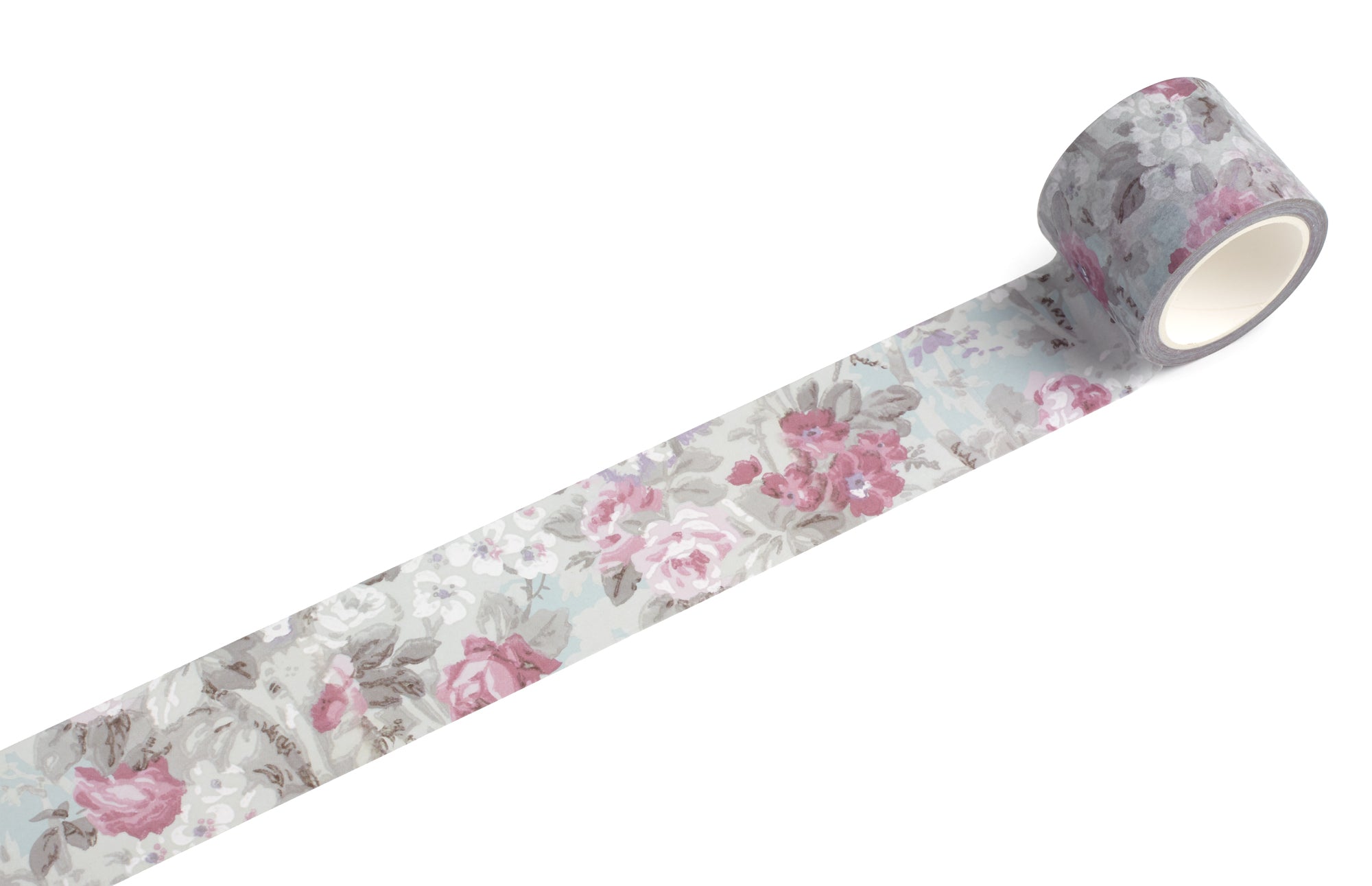A roll of decorative washi tape with a vintage floral pattern in pink, gray, and white, shown partially unrolled on a clean white background.