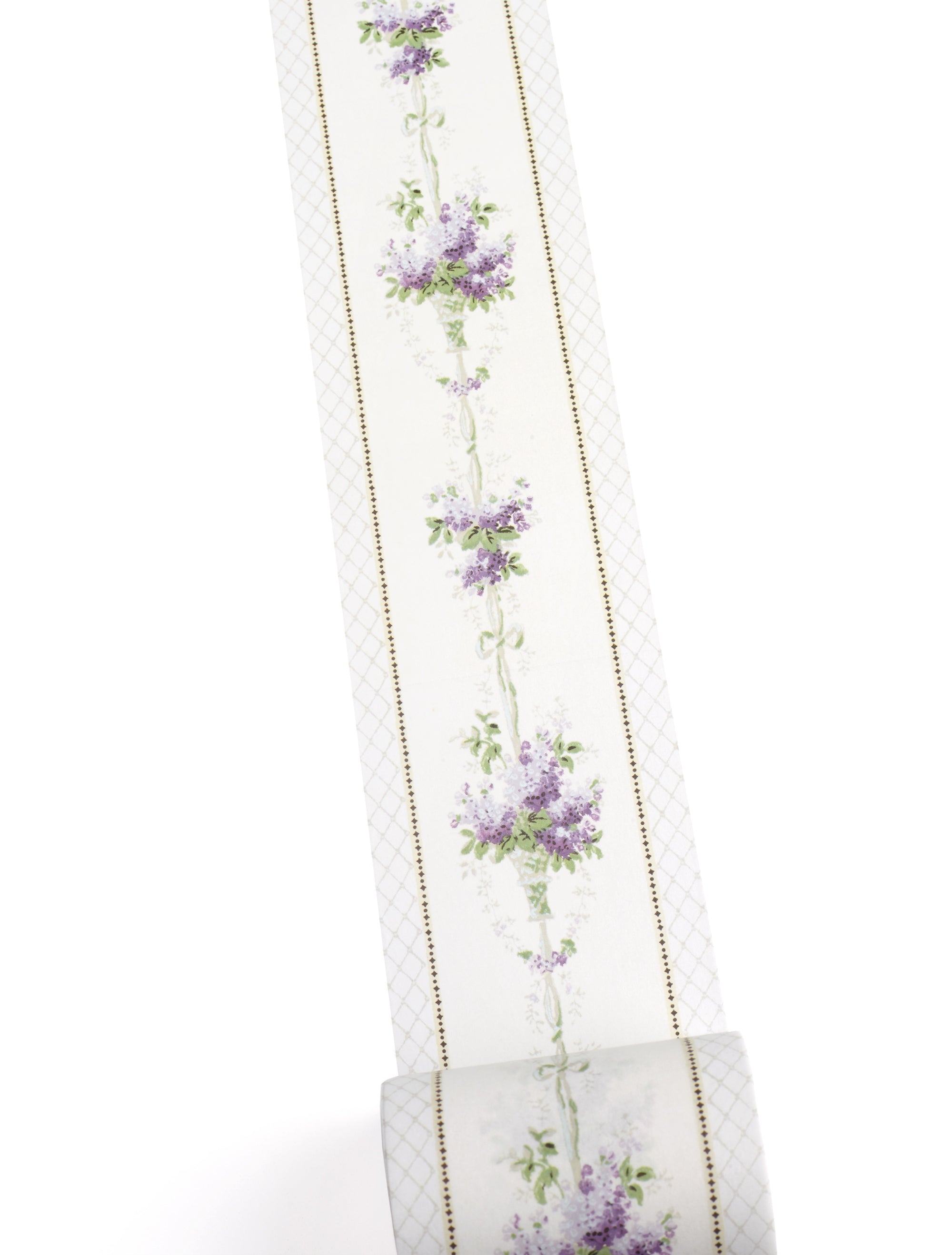 A roll of washi tape featuring a vertical pattern of purple flowers, green leaves, and dotted borders on a white background.