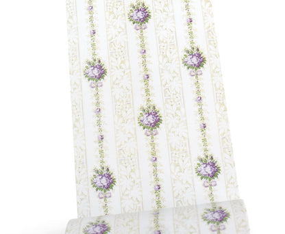 A close-up of an elegant washi tape with vertical stripes and repeating floral motifs in purple, green, and beige, shown against a white background.