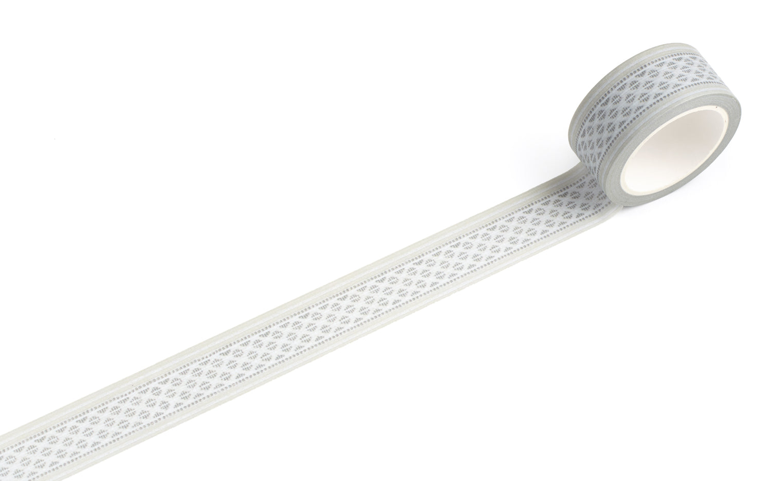 A roll of washi tape with a repeating grey geometric diamond pattern, shown partially unrolled on a clean white background.
