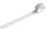 A roll of washi tape with a repeating grey geometric diamond pattern, shown partially unrolled on a clean white background.