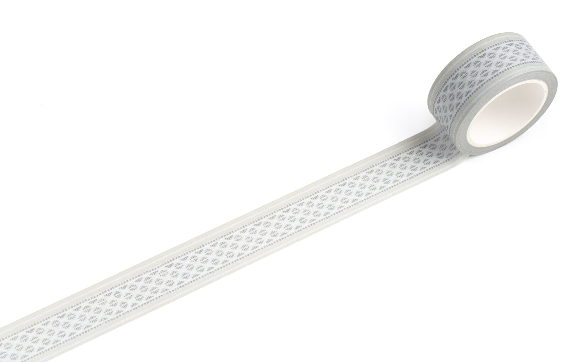 A roll of washi tape with a repeating grey geometric diamond pattern, shown partially unrolled on a clean white background.