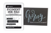 Ranger Pigment Ink Pad in Glacier White, shown in its white plastic packaging next to a sample card featuring the pigment written in a light gray script.