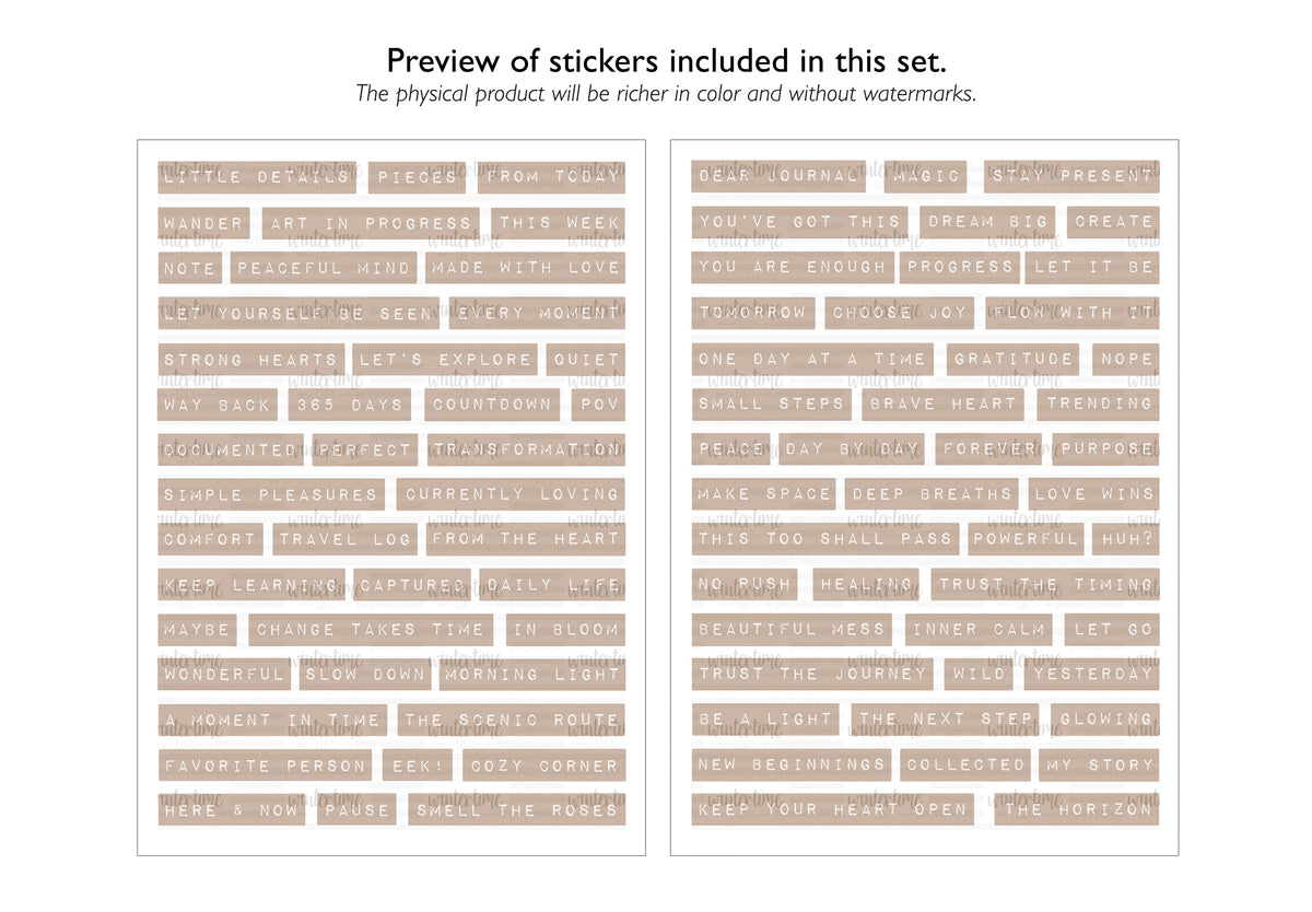 A digital preview of two sheets of rectangular stickers with embossed style text, shown on a white background with the text &