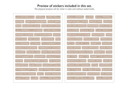 A digital preview of two sheets of rectangular stickers with embossed style text, shown on a white background with the text &