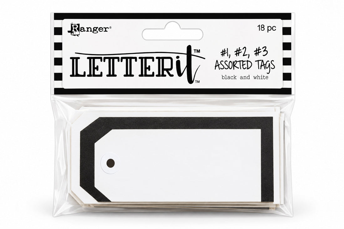 Ranger Letter it assorted paper tags in black and white, packaged in a clear plastic bag with a branded header card.