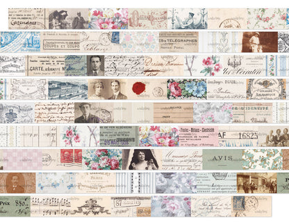 A preview of the vintage snippets on the Paper Fragments washi tape, featuring soft pastel and muted sepia tones, floral illustrations, portraits, handwritten details, stamps, and old-world typography.