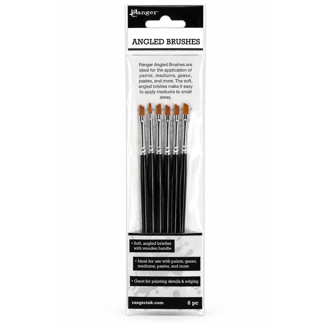 Ranger Angled Brushes 6-piece set in clear plastic packaging, featuring black handles.