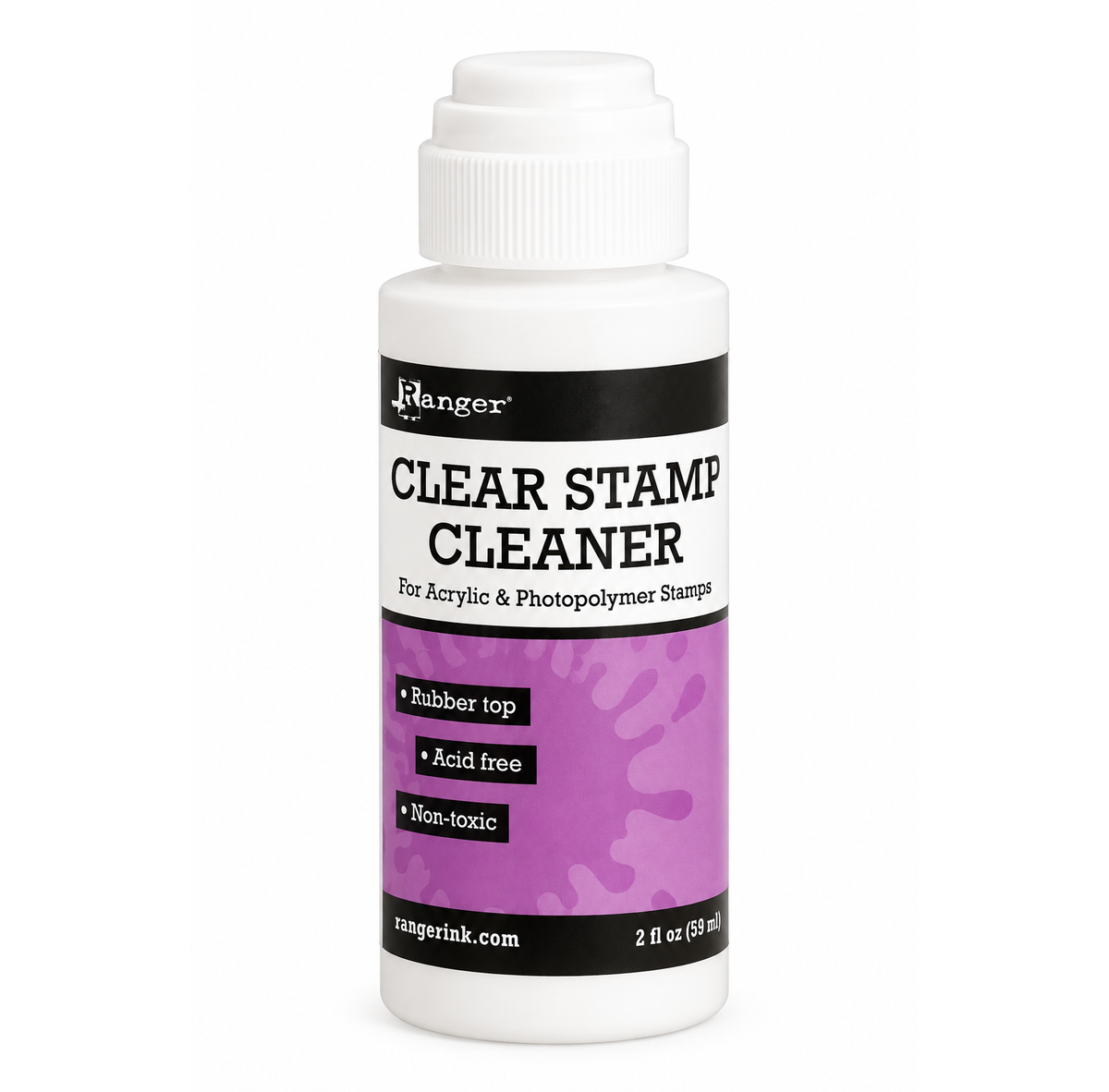 A white plastic bottle of Ranger Clear Stamp Cleaner with a white ribbed cap and a purple label, shown on a plain white background.