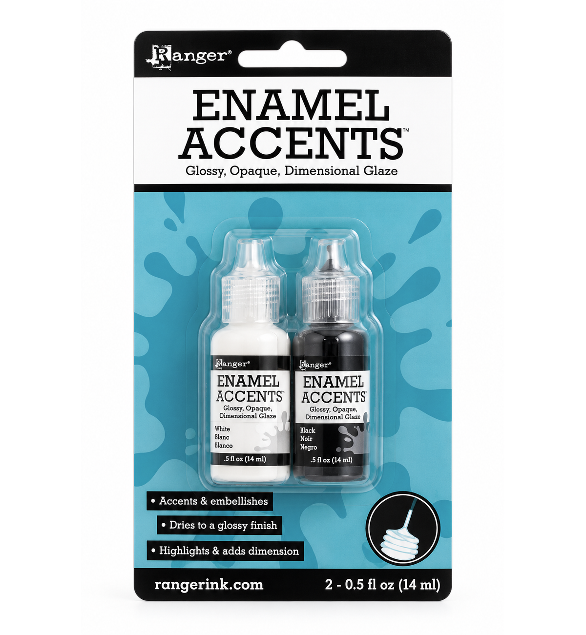 Ranger Enamel Accents glossy, opaque, dimensional glaze kit in retail blister packaging, containing a white bottle of White Glaze and a black bottle of Black Glaze.