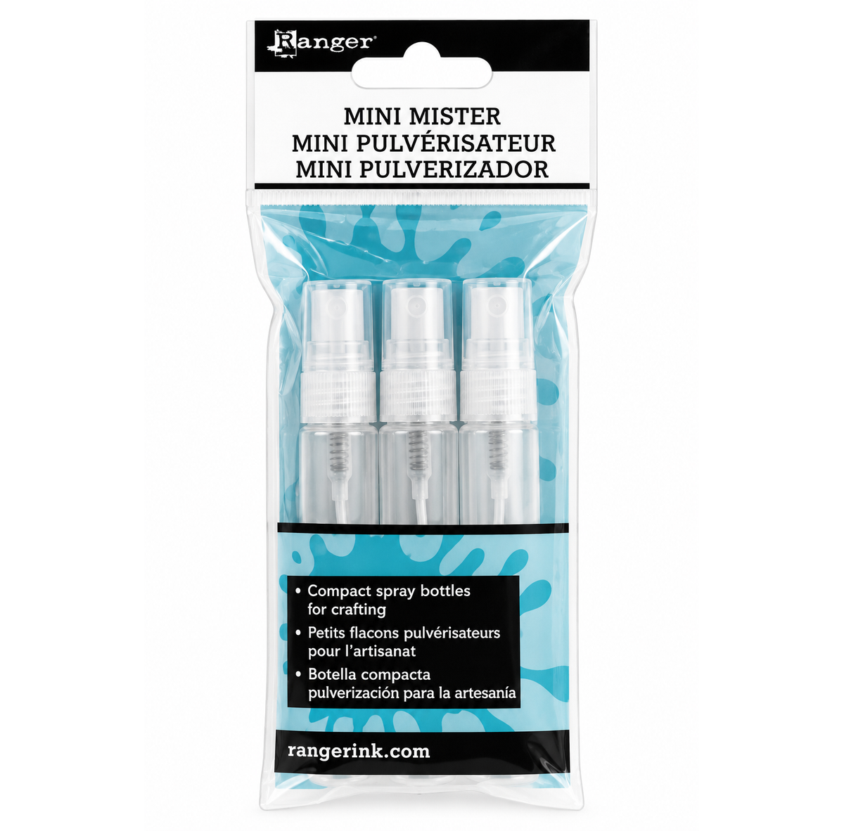Ranger Mini Mister spray bottles in clear plastic packaging with a black and blue header card.