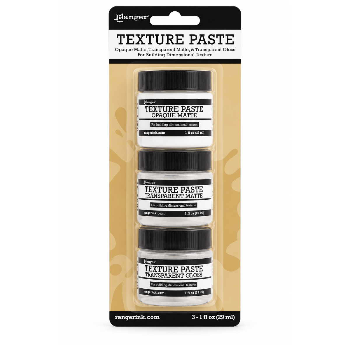 Ranger Texture Paste set of three small jars in clear plastic packaging with a black and tan backing card. The jars are labeled opaque matte, transparent matte, and opaque gloss.