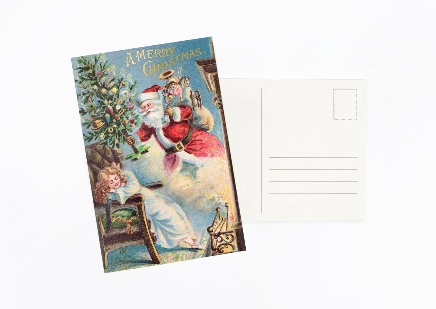 A vintage Christmas postcard with an illustrated Santa Claus scene on the front, shown next to the white backside of another postcard on a clean white background.
