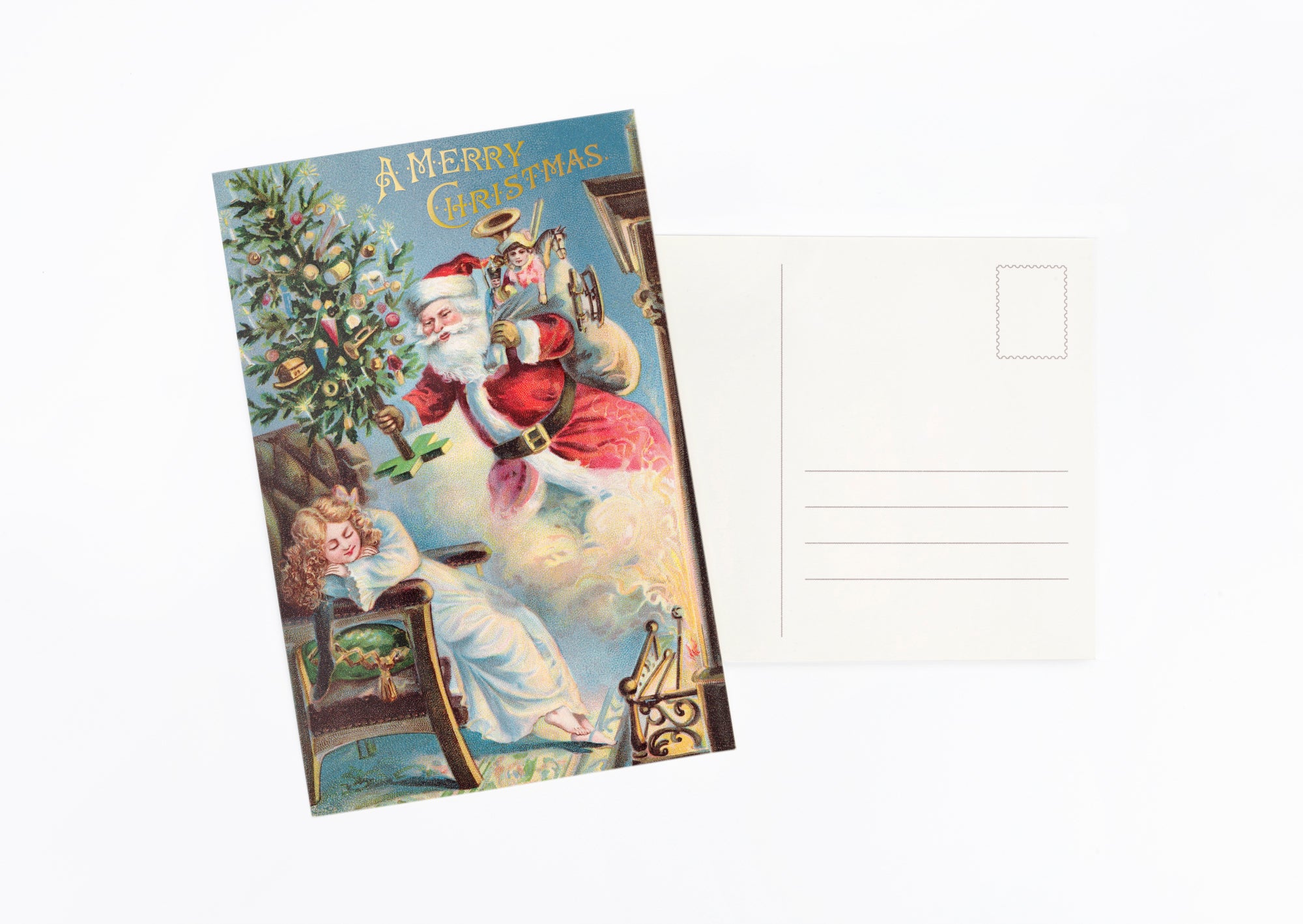 A vintage Christmas postcard with an illustrated Santa Claus scene on the front, shown next to the white backside of another postcard on a clean white background.