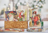 A collection of vintage-style Christmas postcards displayed in a carved wooden holder labeled &