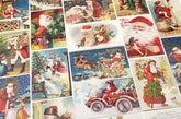 A collage of vintage Christmas postcards featuring Santa Claus in various holiday scenes, including sleighs, carriages, and festive gatherings.