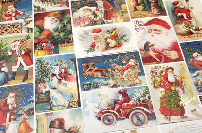 A collage of vintage Christmas postcards featuring Santa Claus in various holiday scenes, including sleighs, carriages, and festive gatherings.