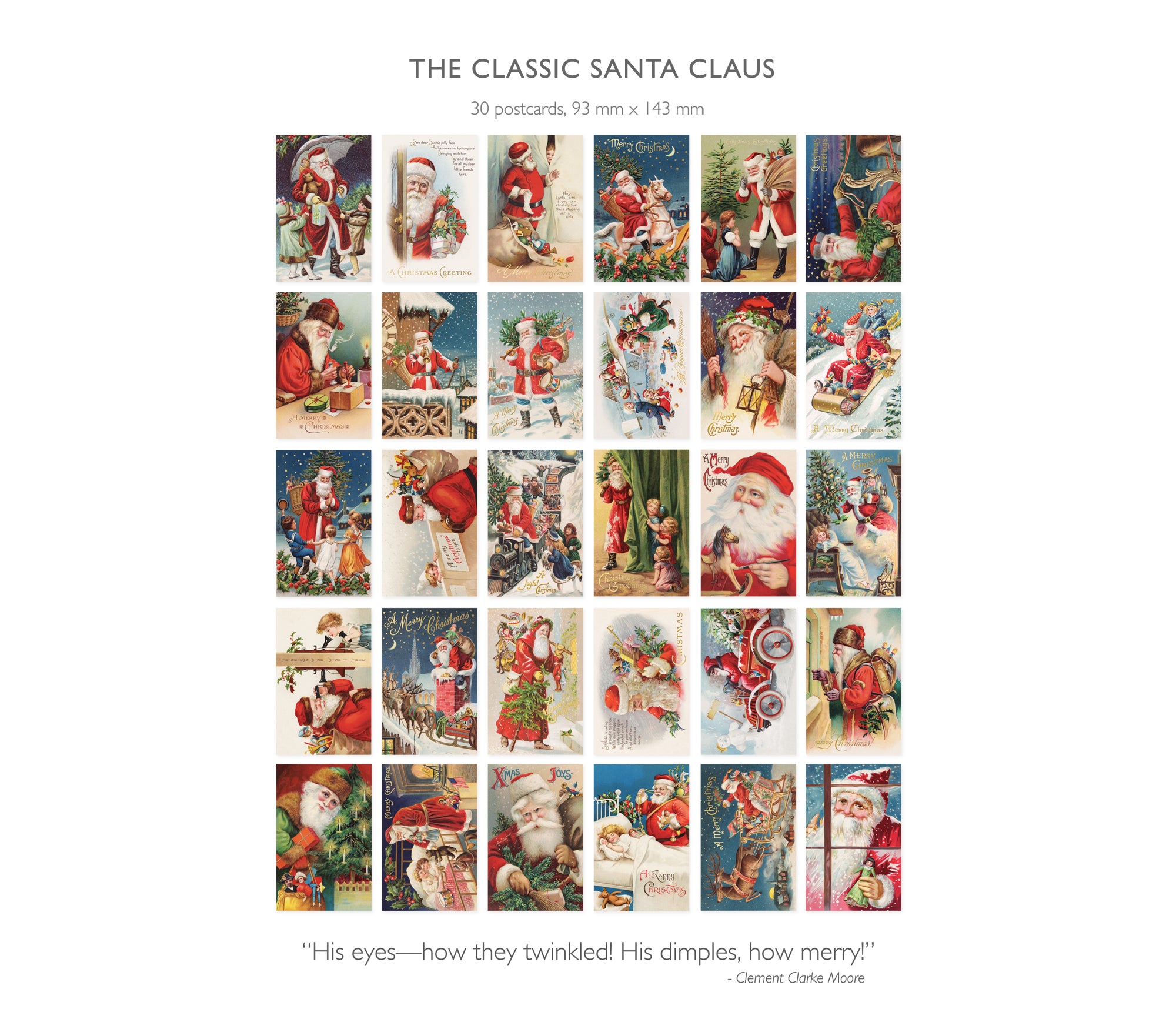 A preview sheet of 30 vintage-style Santa Claus postcards on a white background, with the title &