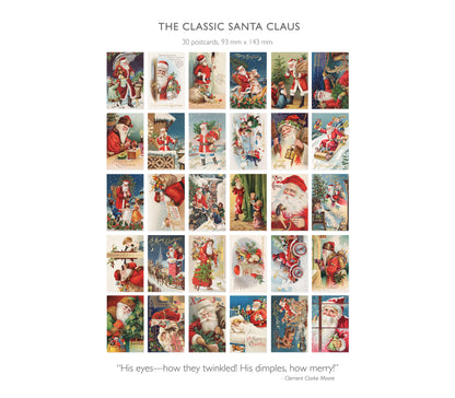 A preview sheet of 30 vintage-style Santa Claus postcards on a white background, with the title &