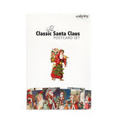 The Classic Santa Claus Postcard Set by Wintertime Crafts, featuring a white box with vintage illustrations of Santa Claus and several postcards fanned out at the bottom.