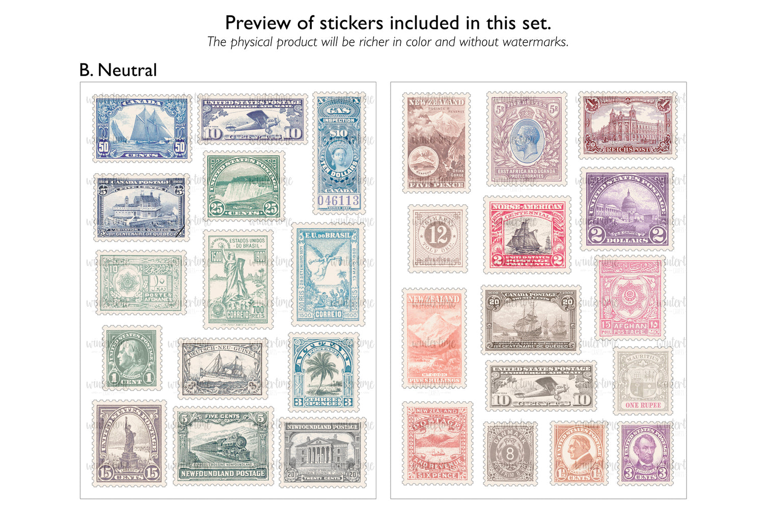 Vintage Stamps Reproduction Sticker Set