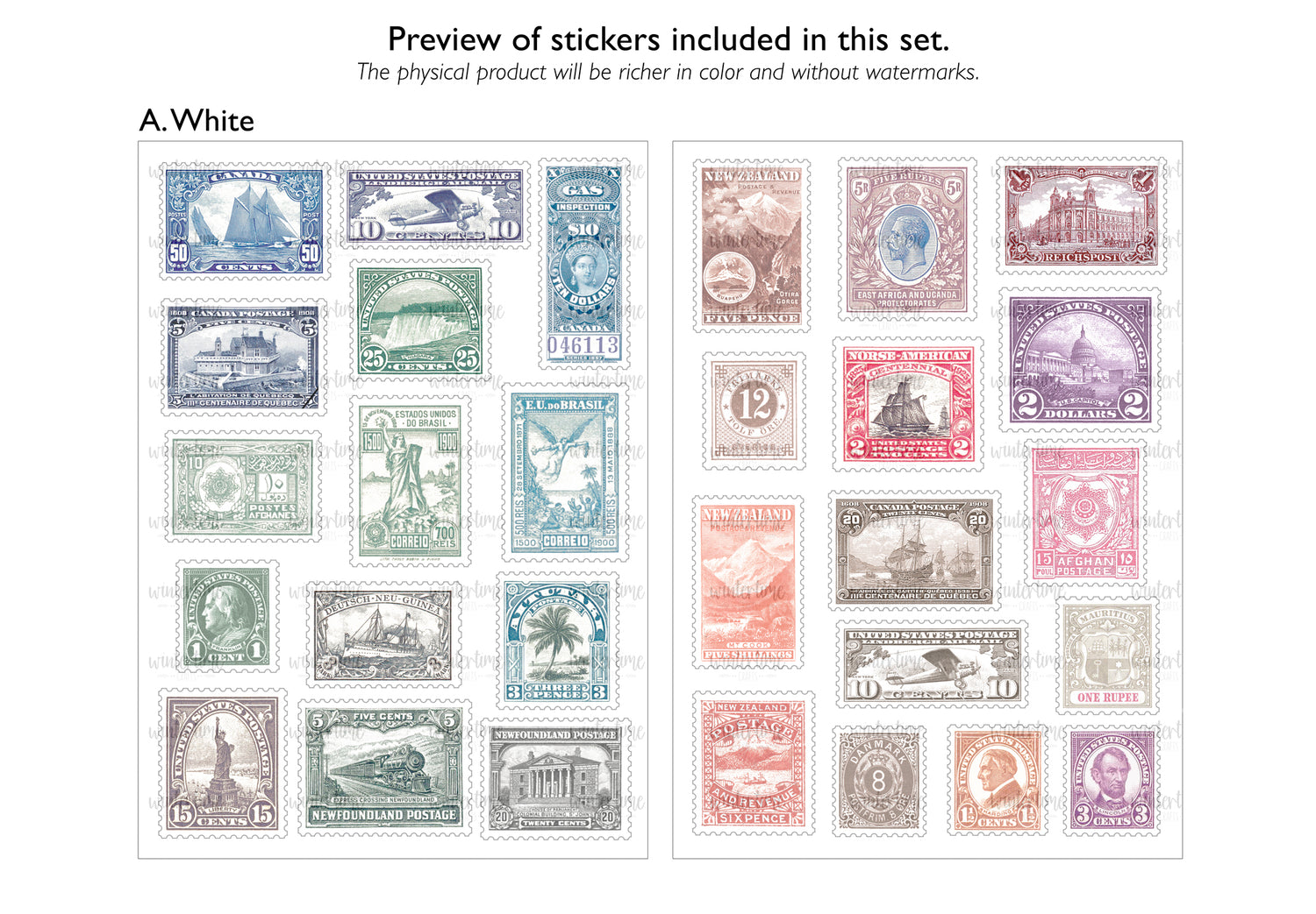 Vintage Stamps Reproduction Sticker Set